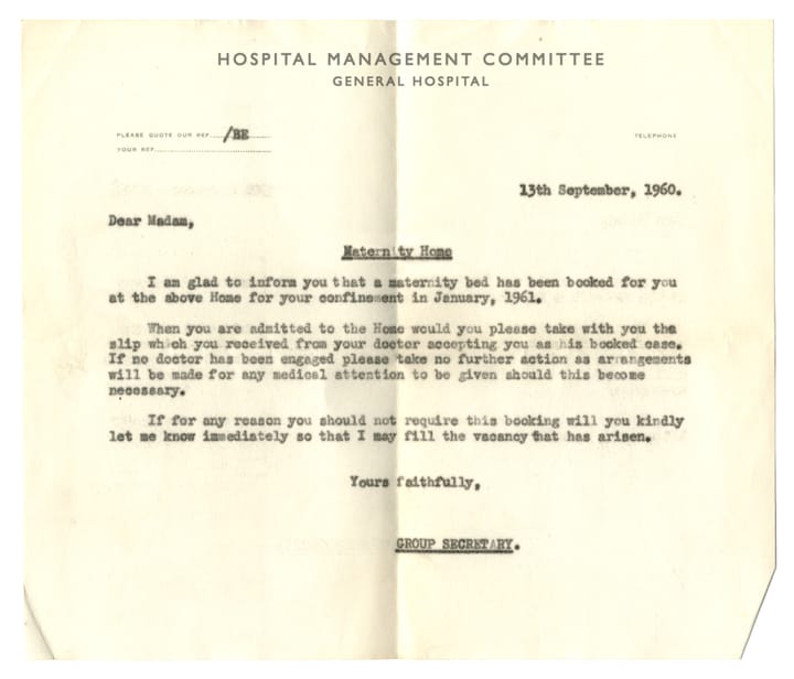 A maternity confinement bed letter from January 1961